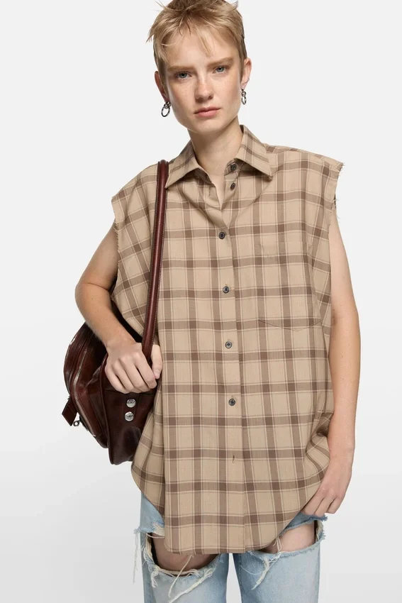 Check button-up vest
