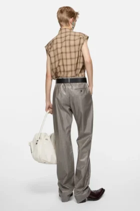 Coated pinstripe trousers