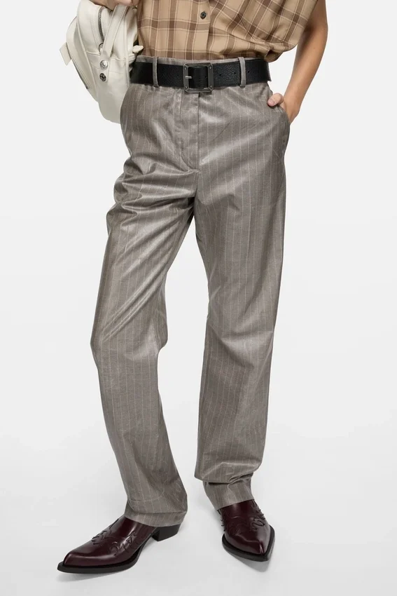 Coated pinstripe trousers