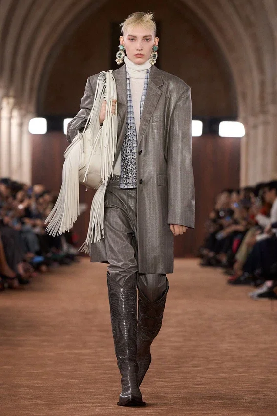 Coated pinstripe trousers