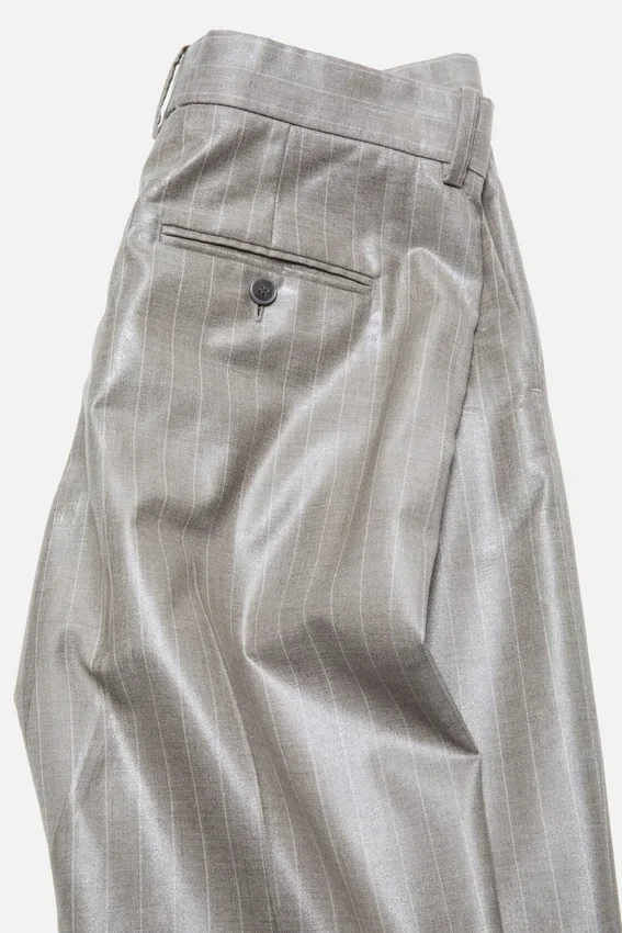 Coated pinstripe trousers