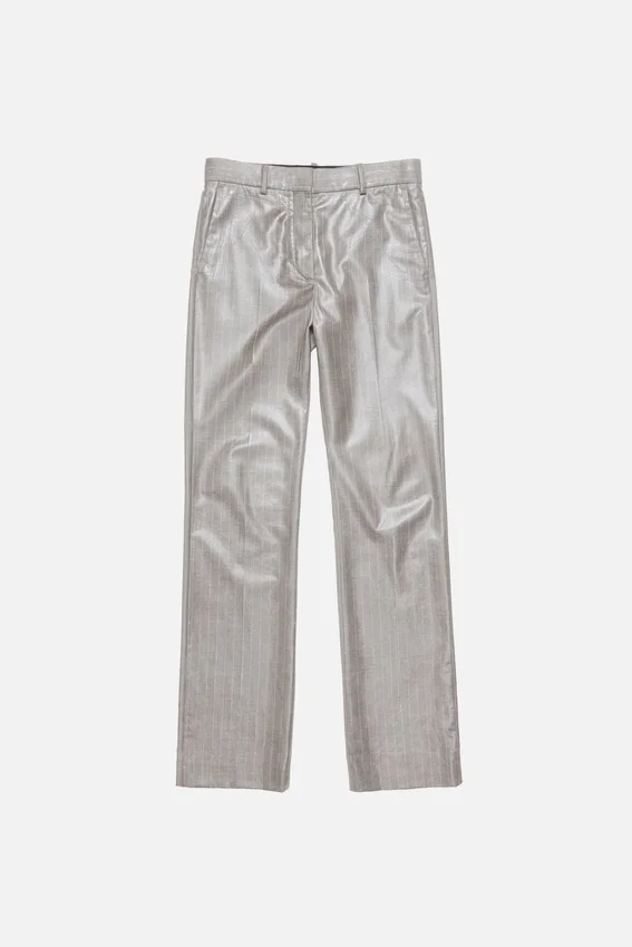 Coated pinstripe trousers
