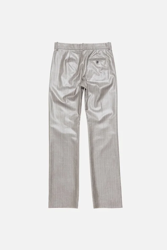 Coated pinstripe trousers