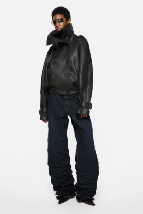 Cropped leather trench coat