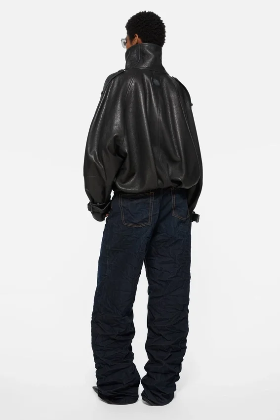 Cropped leather trench coat