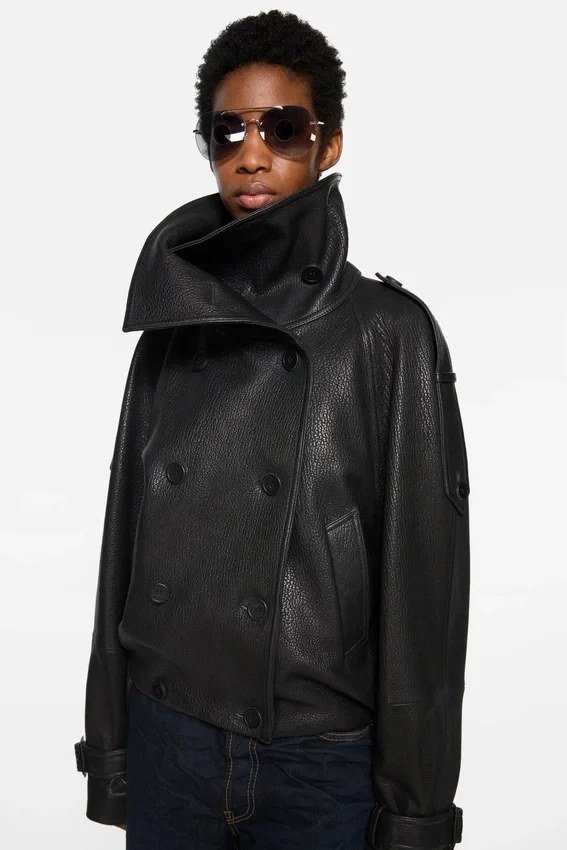 Cropped leather trench coat