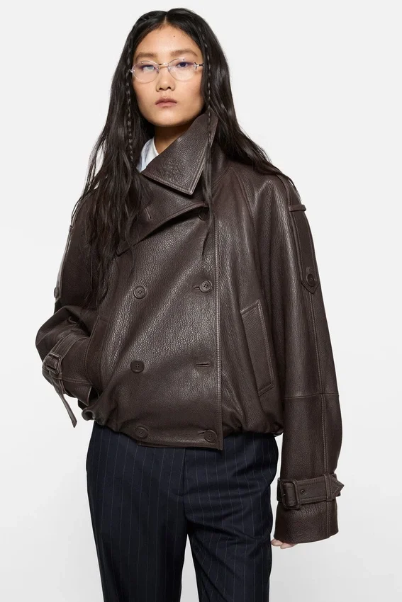 Cropped leather trench coat