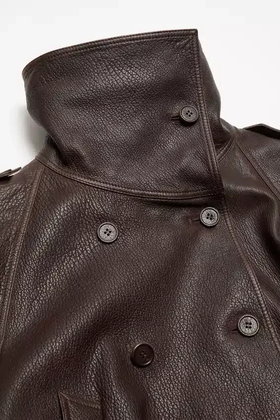 Cropped leather trench coat