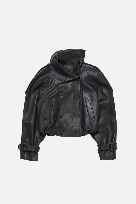 Cropped leather trench coat