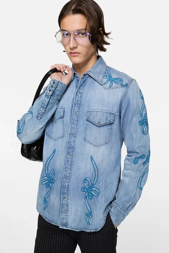 Embroidered denim shirt