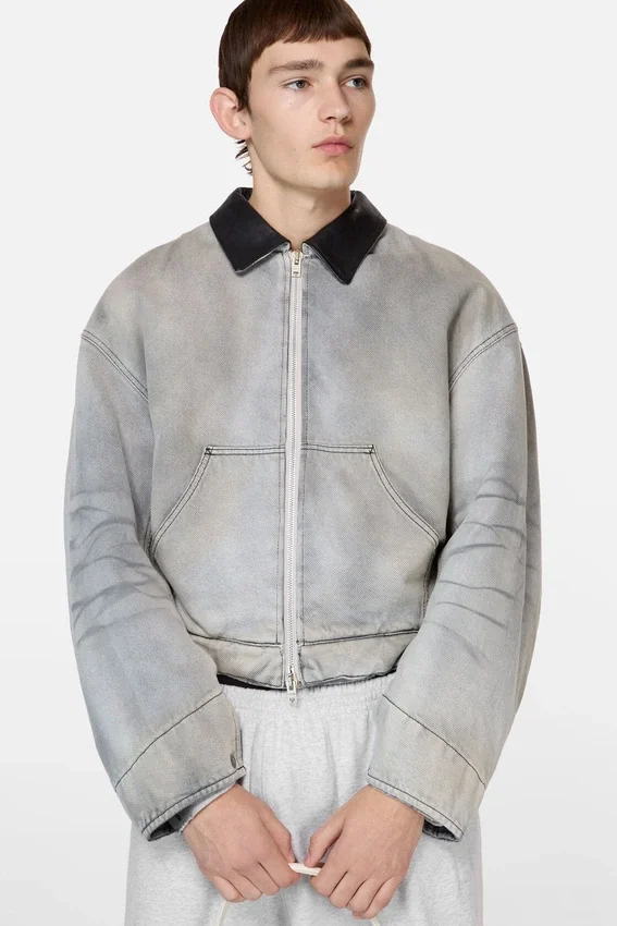 Faded denim bomber jacket