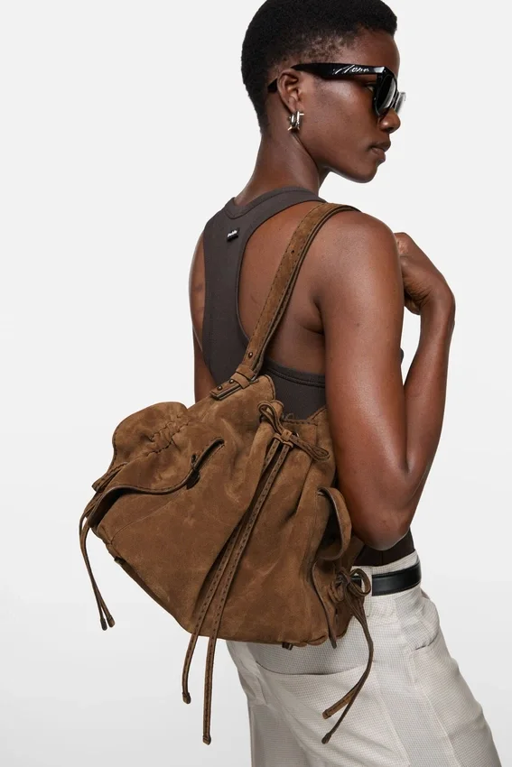 Multipocket Suede Bucket Bag