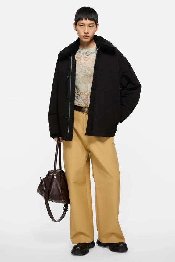 Nylon jacket with shearling collar